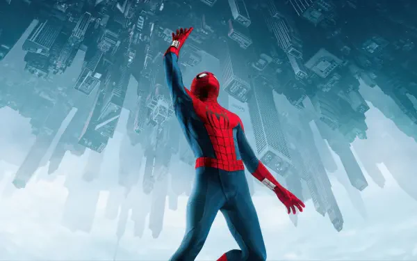 Spider-Man: Brand New Day 4K Ultra HD PC desktop wallpaper — Spider-Man reaching up toward an upside-down city skyline against a pale blue sky.