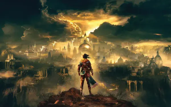 GreedFall 2 4K Ultra HD PC desktop wallpaper/background: lone explorer on a cliff surveys a storm-lit fantasy city beneath swirling clouds and crackling lightning.