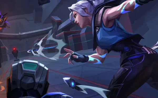 Jett (Valorant) dashing through a neon-lit arena, knives spinning and wind trails behind her, dynamic blue-toned HD PC desktop wallpaper and background