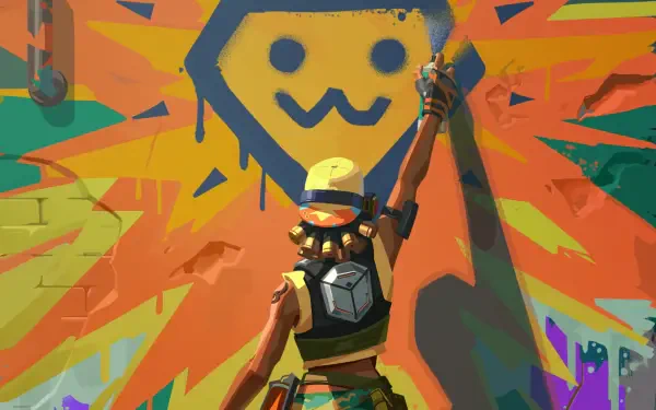HD PC desktop wallpaper: Raze from Valorant stands before a colorful graffiti explosion, arm raised, wearing a grenade satchel and explosive gear.