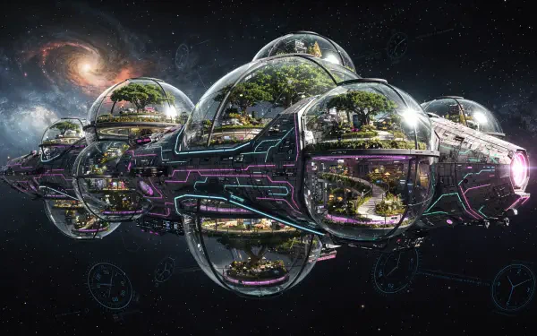 4K Ultra HD PC desktop wallpaper and background showing a futuristic glass-domed spaceship carrying lush ecosystems through a starfield with a distant spiral galaxy.