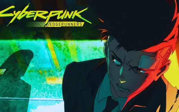 5K Ultra HD PC desktop wallpaper/background: anime cyberpunk protagonist David (Cyberpunk: Edgerunners) framed in neon green and red light over a shadowy cityscape.