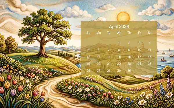 April 2026 calendar on a 5K Ultra HD PC desktop wallpaper: stylized sunlit pastoral landscape with rolling hills, winding path, tulips and wildflowers, a lone tree and distant sailboats.
