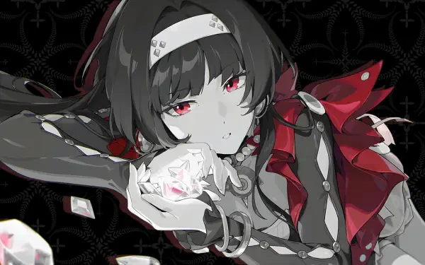 HD PC desktop wallpaper of Astra Yao from Zenless Zone Zero — anime girl with black hair, red eyes and red-black ribbons, holding a glowing crystal against a dark patterned background.
