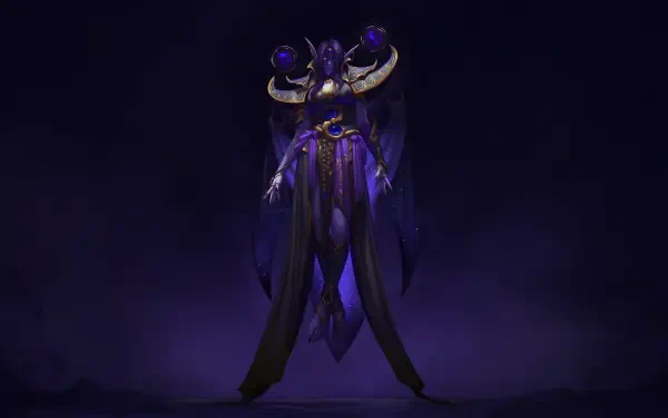 HD PC desktop wallpaper: Xal'atath from World of Warcraft: Midnight — a purple-cloaked, tentacled figure floating in a dark, mystical void; MMORPG desktop background.