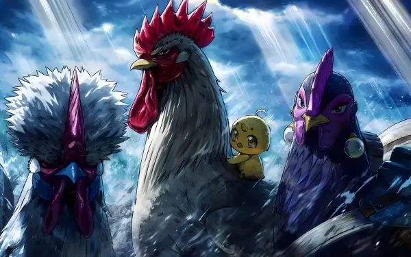 HD PC desktop wallpaper: anime Rooster Fighter — a battle-ready rooster and two chicken allies, a small chick, all radiating glowing aura over a stormy farming background.