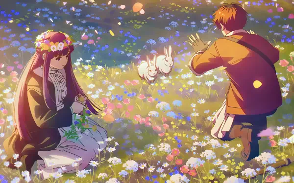  Frieren 2nd Season - Fern and Stark With Flowers and Bunny Playful 4k Wallpaper