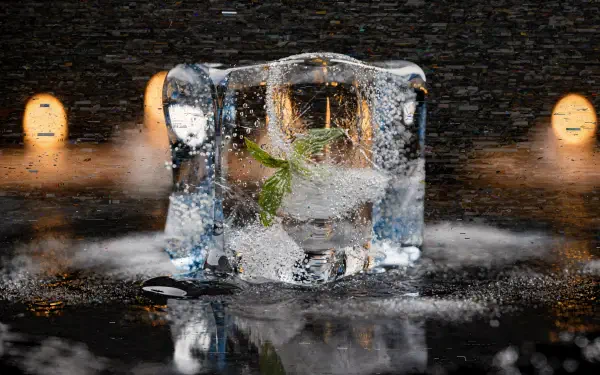 Melting ice cube encasing a small green leaf on a reflective surface, moody bokeh lights behind — high-detail 4K Ultra HD PC desktop wallpaper and background.