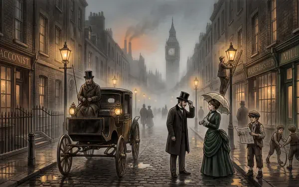 5K Ultra HD PC desktop wallpaper: foggy Victorian-era London street at dusk with gas lamps, a horse-drawn carriage, figures in period dress and Big Ben rising through the mist.
