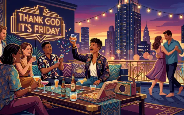 5K Ultra HD PC desktop wallpaper: rooftop party at dusk, friends toasting under string lights, dancing couple, neon Thank God It's Friday sign over a city skyline background.