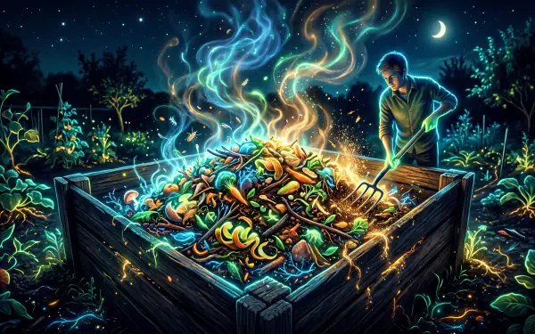 5K Ultra HD PC Desktop Wallpaper and Background: night garden compost bin of glowing vegetable scraps, luminescent swirls rising as a figure tends the pile under a crescent moon.
