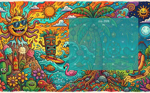 Vivid psychedelic beach scene with smiling sun, tiki mask, palm trees, flamingo and surfboard; July 2026 calendar overlay at center. 5K Ultra HD PC desktop wallpaper and background.