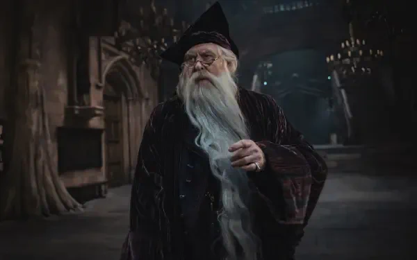 HD PC desktop wallpaper: Albus Dumbledore from the TV show Harry Potter (2027) in robes with a long white beard, standing in a dim, candlelit Great Hall.