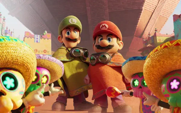 5K Ultra HD PC desktop wallpaper from The Super Mario Galaxy Movie: Mario and Luigi in colorful outfits with goggles, surrounded by smiling star-like creatures beneath a bright, arched bridge.