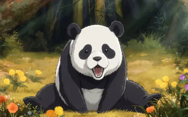 Jujutsu Kaisen 3rd Season anime panda smiling and sprawled in a sunlit meadow of yellow flowers — cute, funny 5K Ultra HD PC desktop wallpaper and background.