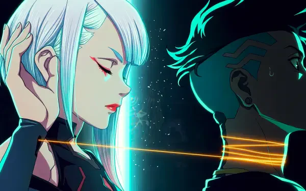 Cyberpunk: Edgerunners 5K Ultra HD desktop wallpaper showing Lucy and David in neon-lit profiles, back-to-back with a glowing cable linking them.