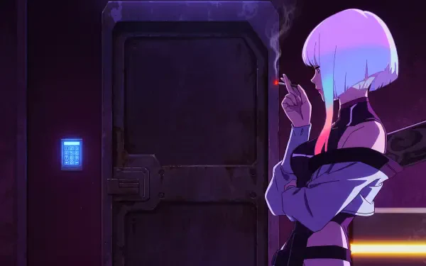 5K Ultra HD PC desktop wallpaper of Lucy (Cyberpunk: Edgerunners): anime girl with pink-purple bob smoking beside a neon-lit door in a moody cyberpunk corridor.