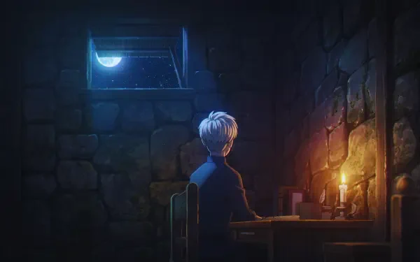Anime 5K desktop wallpaper Orb: On the Movements of the Earth by Rafal — lone figure at a cozy candlelit desk in a stone room, moonlight spilling through a small window.