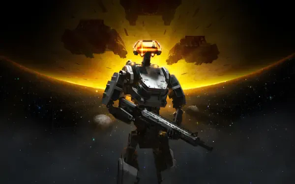 4K Ultra HD PC desktop wallpaper: Starfield futuristic gaming robot soldier clutching a rifle, backlit by a glowing planet horizon and silhouetted spacecraft.