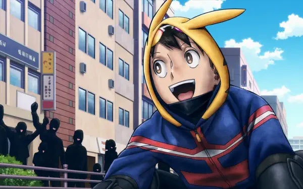 HD PC anime desktop wallpaper of Koichi Haimawari from My Hero Academia: Vigilantes, wearing a yellow-eared hood and smiling on a sunny city street.