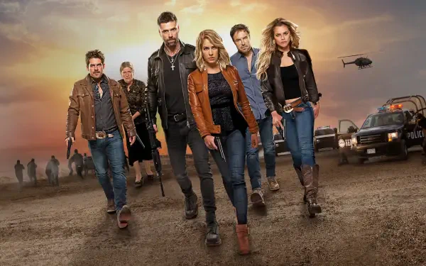 El Señor de los Cielos 4K Ultra HD PC desktop wallpaper and background: six rugged characters stride through a dusty, cinematic dusk with helicopters and police vehicles behind them.