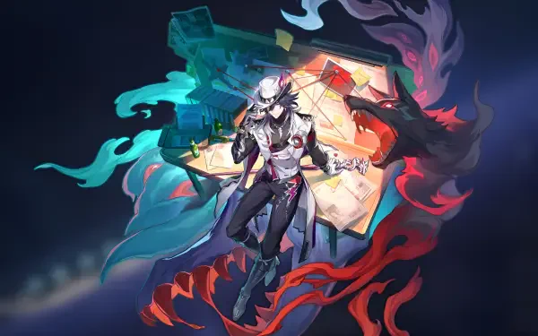 Ashveil (Honkai: Star Rail) floats center clutching a folding umbrella, framed by teal and red spirit flames over a starry void — 2K Quad HD PC desktop wallpaper from the video game.