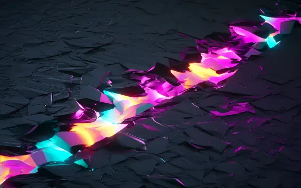 Cool, colorful abstract geometric black 2K Quad HD PC desktop wallpaper showing a neon rainbow crack of jagged shards across a textured black surface.