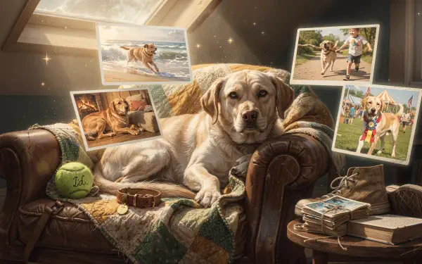 4K Ultra HD PC desktop wallpaper: old dog reclining on an armchair amid photos, a tennis ball and keepsakes in a warm, sunlit room.