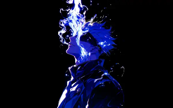 Satoru Gojo from Jujutsu Kaisen in a blue energy blaze against a black background — stylized black anime portrait rendered for 4K Ultra HD OLED PC desktop wallpaper.