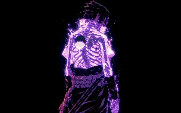 4K OLED anime PC wallpaper: Sasuke Uchiha of the Uchiha Clan standing backlit in purple chakra energy on a black background (Naruto).