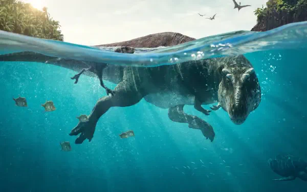 Prehistoric Planet 4K Ultra HD PC Desktop Wallpaper and Background: a large theropod dinosaur swimming just below the waterline, fish nearby and pterosaurs soaring overhead.