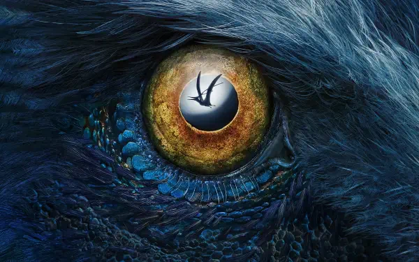 Prehistoric Planet 4K Ultra HD PC desktop wallpaper and background: extreme close-up of a dinosaur eye—amber iris and blue textured scales reflecting a soaring pterosaur.