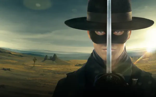 Zorro in black hat and mask holds a drawn sword vertically, sunlight glinting on the blade over a windswept plain — 4K Ultra HD PC desktop wallpaper/background.