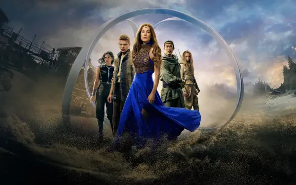 The Wheel of Time 4K Ultra HD PC desktop wallpaper and background: five robed figures led by a woman in flowing blue before a glowing circular portal over a ruined landscape.