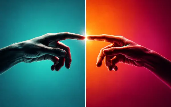 4K Ultra HD PC desktop wallpaper showing human touch: two hands reaching across a teal-to-orange split, fingertips nearly touching with dramatic rim lighting.
