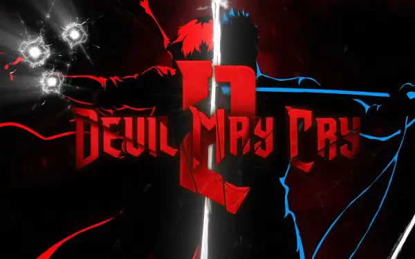 Devil May Cry (anime) 4K Ultra HD PC wallpaper: red and blue split silhouettes of Dante with central Devil May Cry 3 logo and left-side muzzle flashes.
