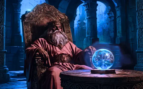 5K Ultra HD PC wallpaper: an aged wizard pondering a glowing orb in a fantasy secret lair, seated on an ornate throne amid crumbling stone pillars.