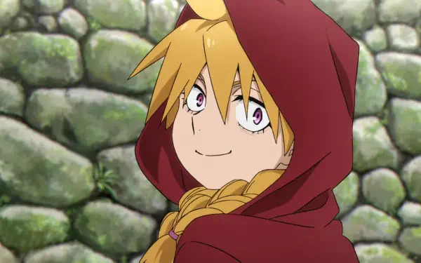 HD anime desktop wallpaper of Gabby (Daemons of the Shadow Realm): smiling blonde with braid, red hooded cloak, mossy stone wall background.