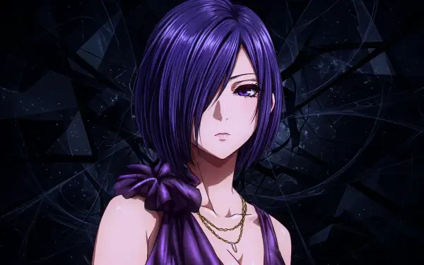 Touka Kirishima (Tokyo Ghoul), purple-haired anime girl in a violet dress with a solemn gaze against a dark shattered-glass backdrop — 5K Ultra HD PC wallpaper
