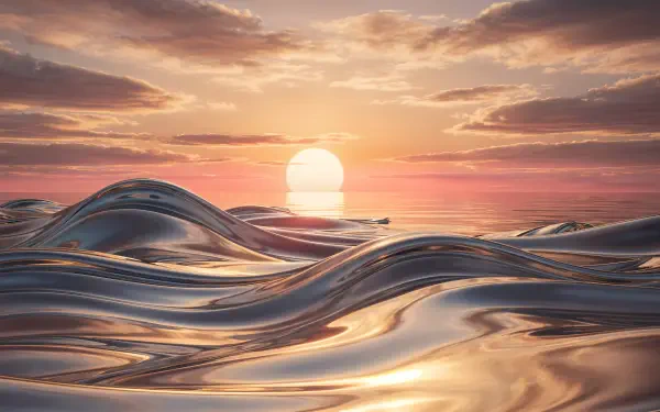 4K Ultra HD PC desktop wallpaper/background: metallic undulating waves reflecting a golden sunrise beneath pastel clouds.