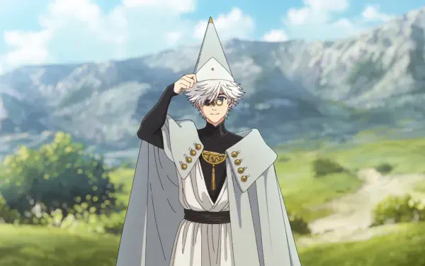 HD PC wallpaper of Qifrey (Witch Hat Atelier): anime wizard in a white cloak and tall pointed hat, adjusting it against a sunlit mountain range and green meadow backdrop.