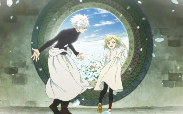 Anime HD PC wallpaper: Witch Hat Atelier's Qifrey and Coco in a circular stone window, smiling as petals drift over a sunlit blooming field.