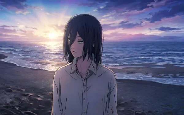 Reze (Chainsaw Man) — anime girl on a quiet beach at morning sun, pastel sky and waves; 5K Ultra HD PC desktop wallpaper.