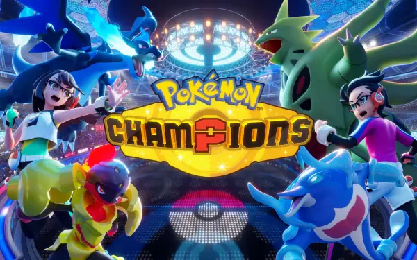 HD PC desktop wallpaper of the video game Pokémon Champions: colorful stadium showdown with trainers, battling Pokémon, and the game's logo center stage.
