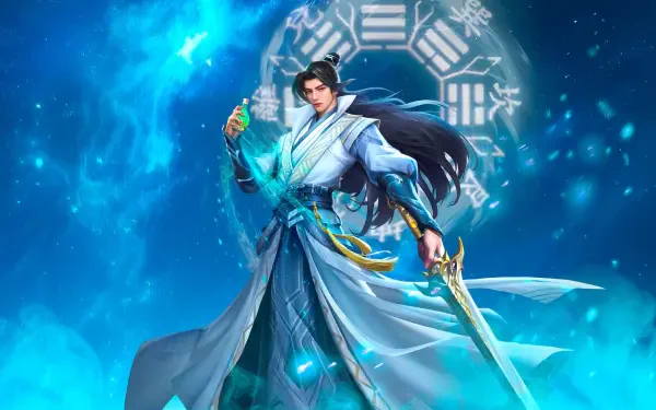 HD PC desktop wallpaper of Han Li from the TV show A Record of a Mortal's Journey to Immortality, glowing fantasy warrior in flowing robes wielding a sword.