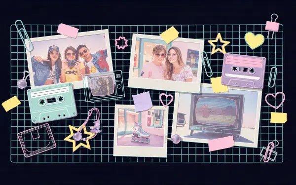 Scrapbooking-themed 4K Ultra HD PC desktop wallpaper: pastel retro collage of polaroid photos, cassette tapes, a vintage TV and stickers on a dark grid background.