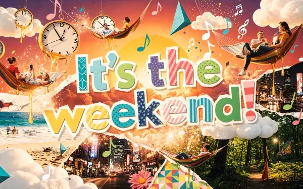 Vibrant 4K Ultra HD PC desktop wallpaper showing bold It's the weekend! text over a dreamy collage of beach, city lights, clocks, hammocks, clouds and musical notes.