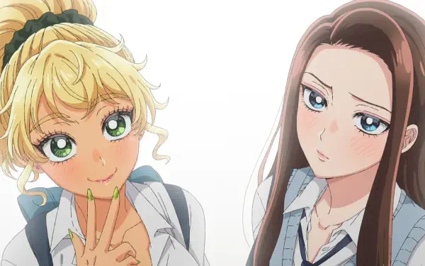 HD PC wallpaper of the anime Gals Can't Be Kind to Otaku!? featuring Kei Amane (blond, cheerful) and Kotoko Ijichi (brown-haired, reserved) in school uniforms.