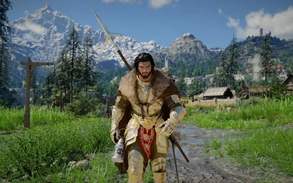 2K Quad HD PC wallpaper: Kliff, game character from Crimson Desert, walks a mountain village path in fur-lined armor, wielding a sword and crossbow beneath blue skies.