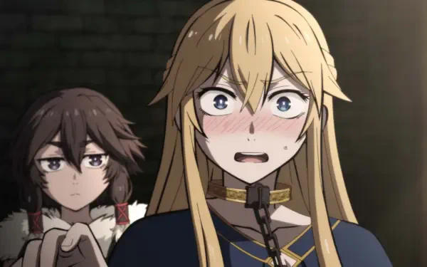 HD PC desktop wallpaper: anime The Warrior Princess and the Barbaric King — Serafina de Lavillant, blond warrior princess blushing in a collar, dark-haired ally watching behind.